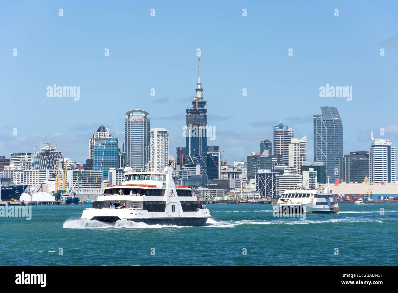 Harbour ferries approaching Devonport Ferry Terminal,  Devonport, Auckland, New Zealand Stock Photo