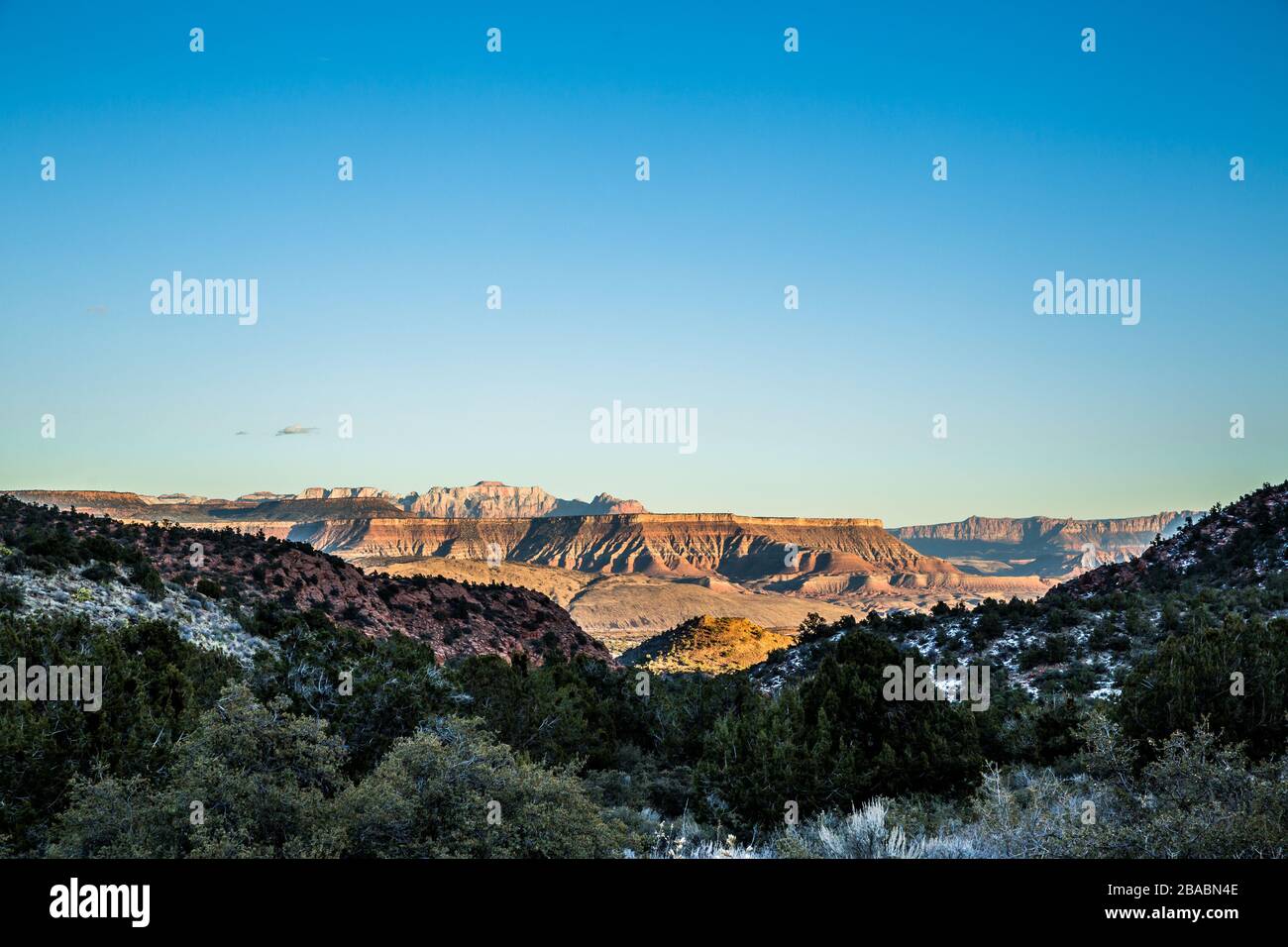 Looking out from the snow covered Pine Valley Mountains in Southern Utah. The skyline of Zion National Park and its steep sandstone formations are jus Stock Photo