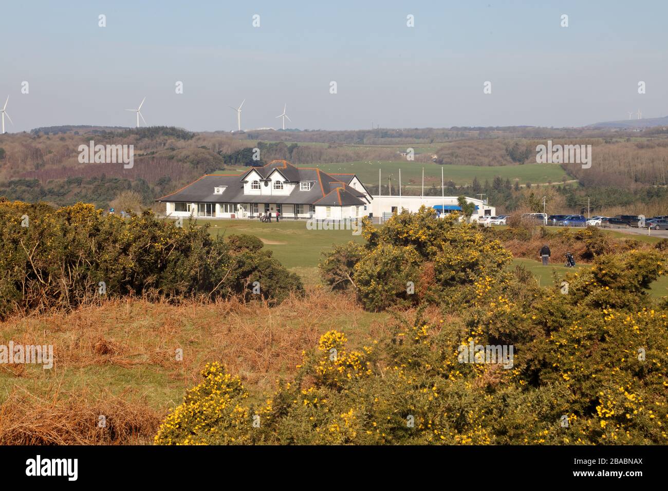 Southerndown golf clubhouse situated at Ogmore village near Bridgend pictured with its hilltop location and beautiful greens. Stock Photo