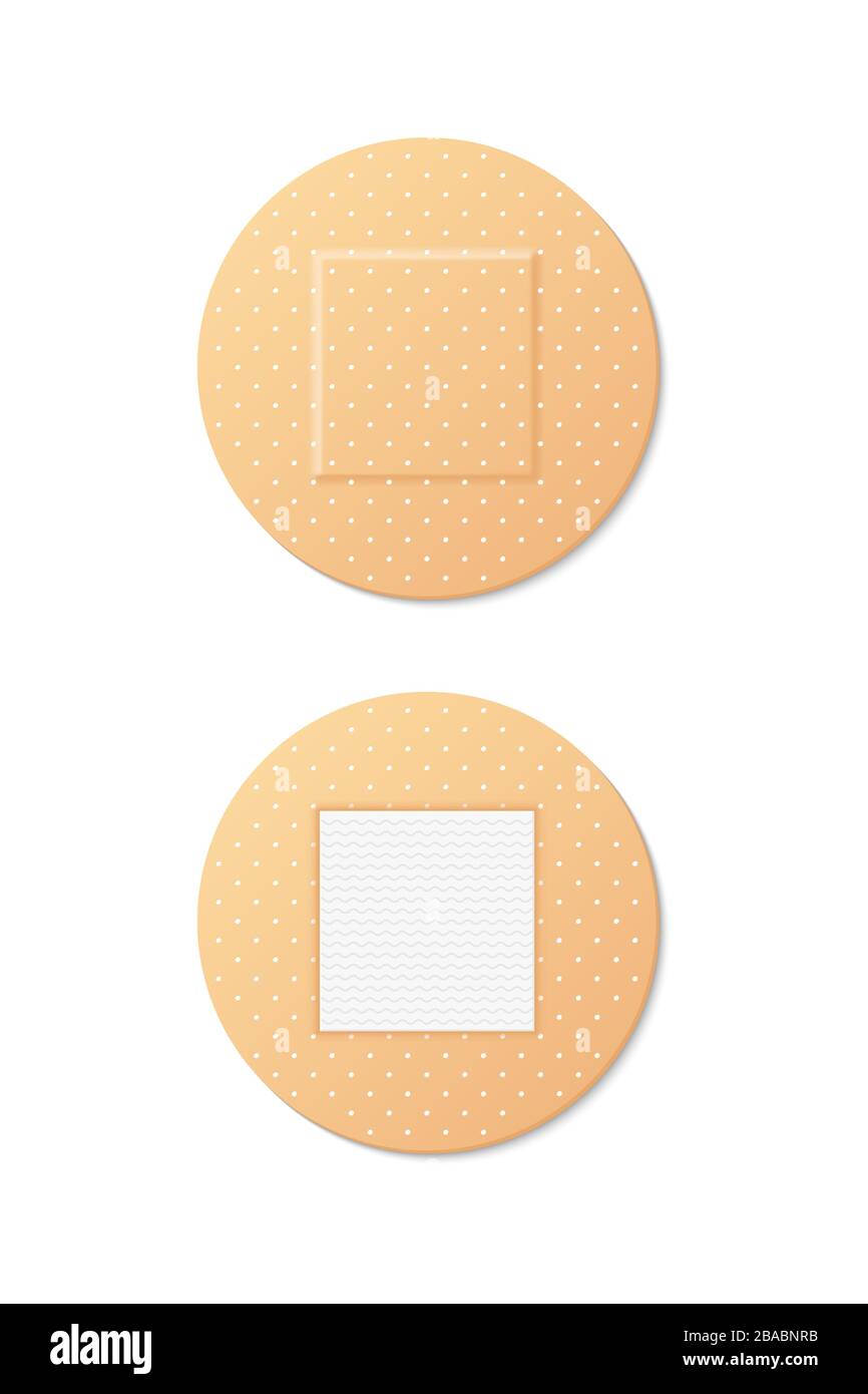Vector set of round medical bandage images. adhesive patches with without wrapper on adhezive side. First aid for skin damage. Defferent plasters isol Stock Vector