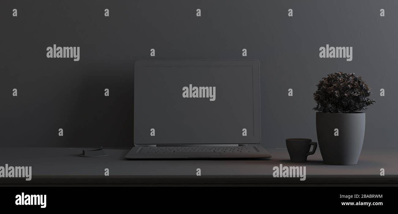Work space stand mock up with table and plant, laptop, cup; sticker front wall single color 3D rendering Stock Photo
