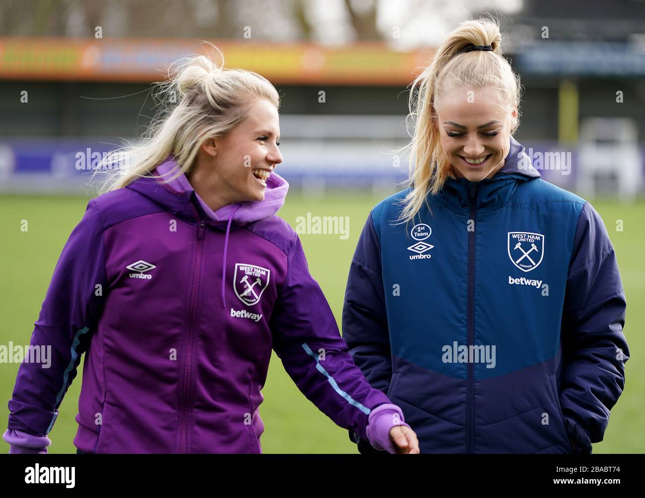 West Ham United's Julia Simic (left) and Alisha Lehmann before the match at Kingsmeadow Stock Photo