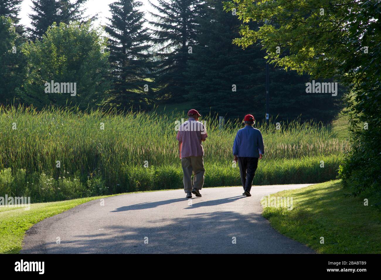 Senior couple walking in the public park Stock Photo