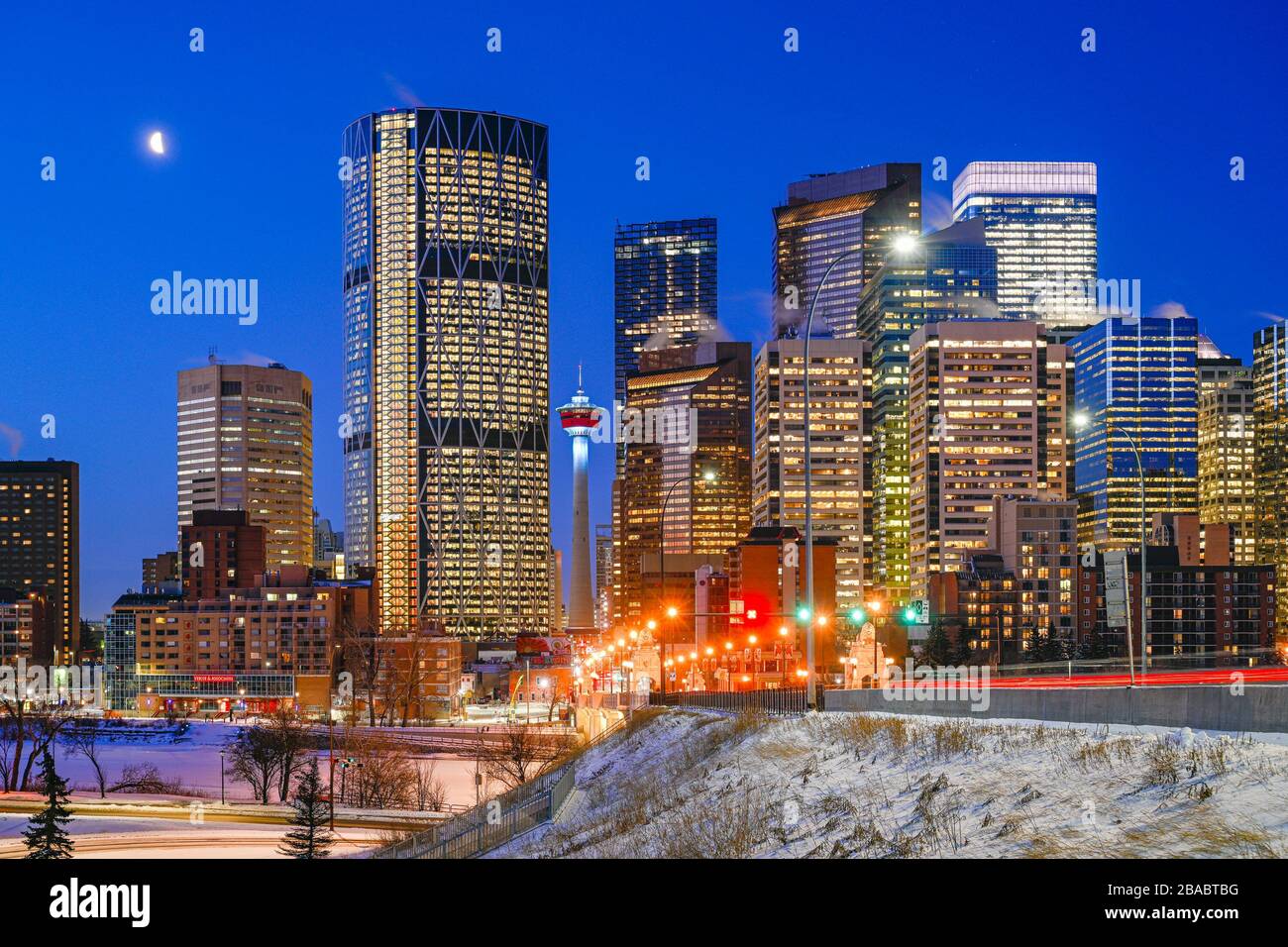 Skyline and Centre Street Bridge, Calgary, Alberta, Canada Stock Photo