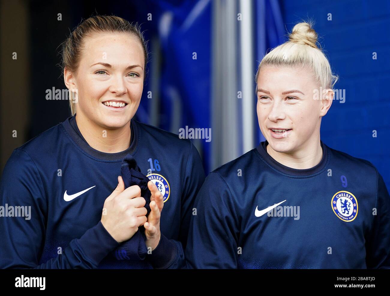Chelsea's Magdalena Eriksson and Bethany England before the match at Kingsmeadow Stock Photo