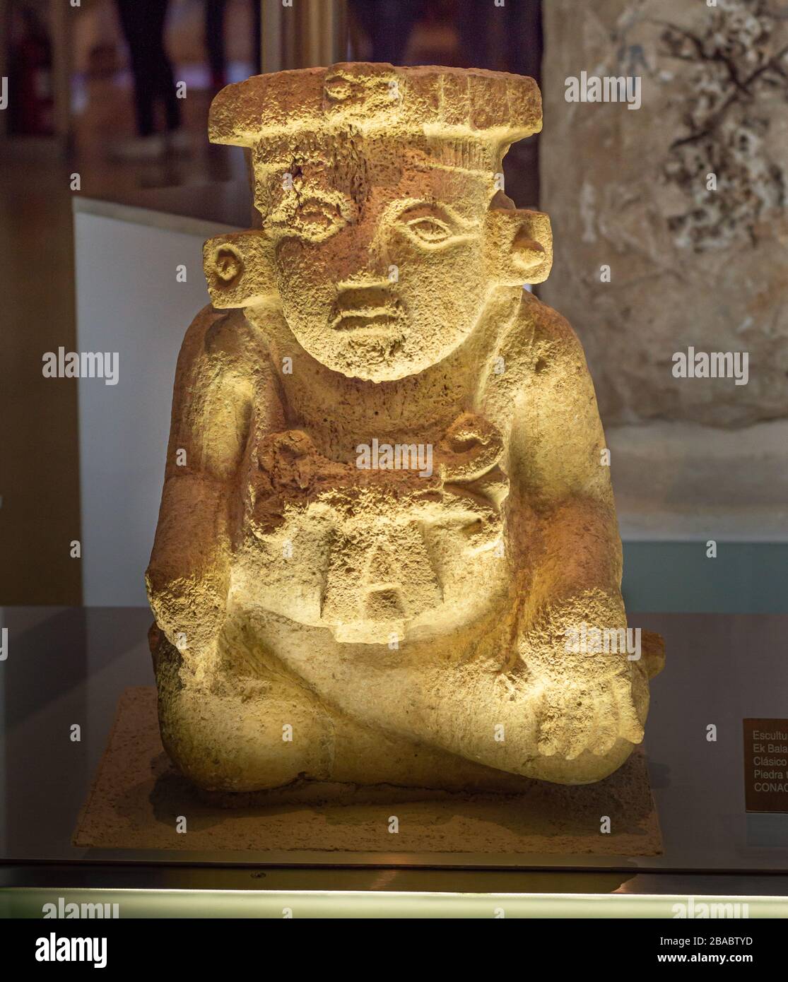 Maya stone sculpture of a seated figure, found at Ek Balam, from the late classic period. Museo Maya, Merida, Yucatan, Mexico. Stock Photo