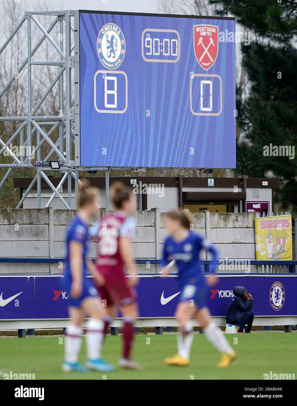 The scoreboard showing Chelsea's 8-0 win over West Ham Stock Photo