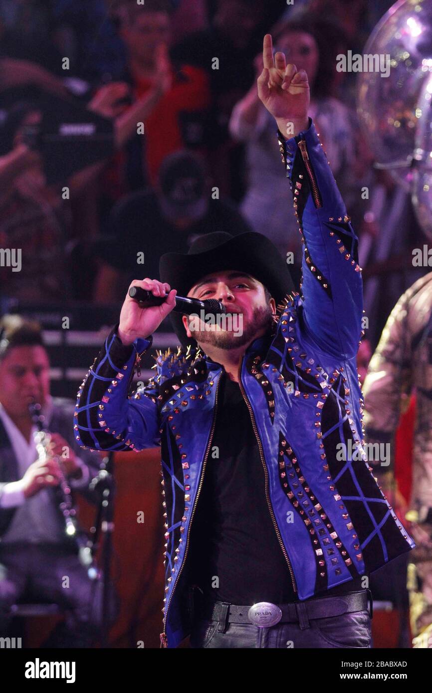 Gerardo Ortiz durante su concierto en el Palenque de la Feria Expo Ganadera de Sonora. Hermosillo Mexico a 1 Mayo l, 2014. Stock Photo