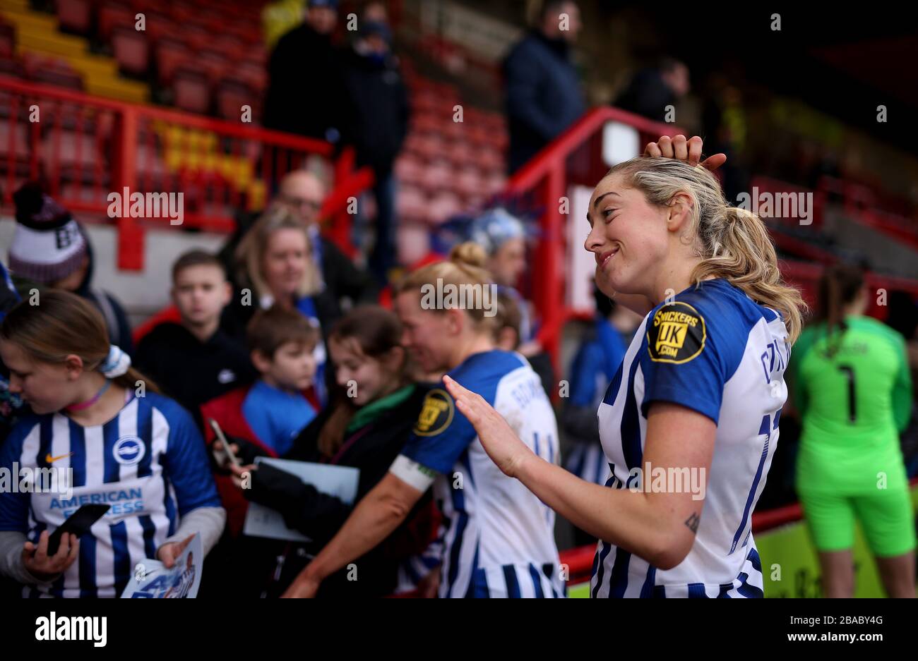 Brighton and Hove Albion Megan Connolly talks to the fans at full time Stock Photo