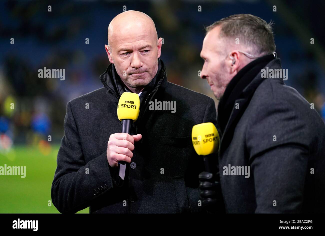 BBC Sports Pundits Alan Shearer and Michael Appleton prior to the beginning of the match Stock Photo