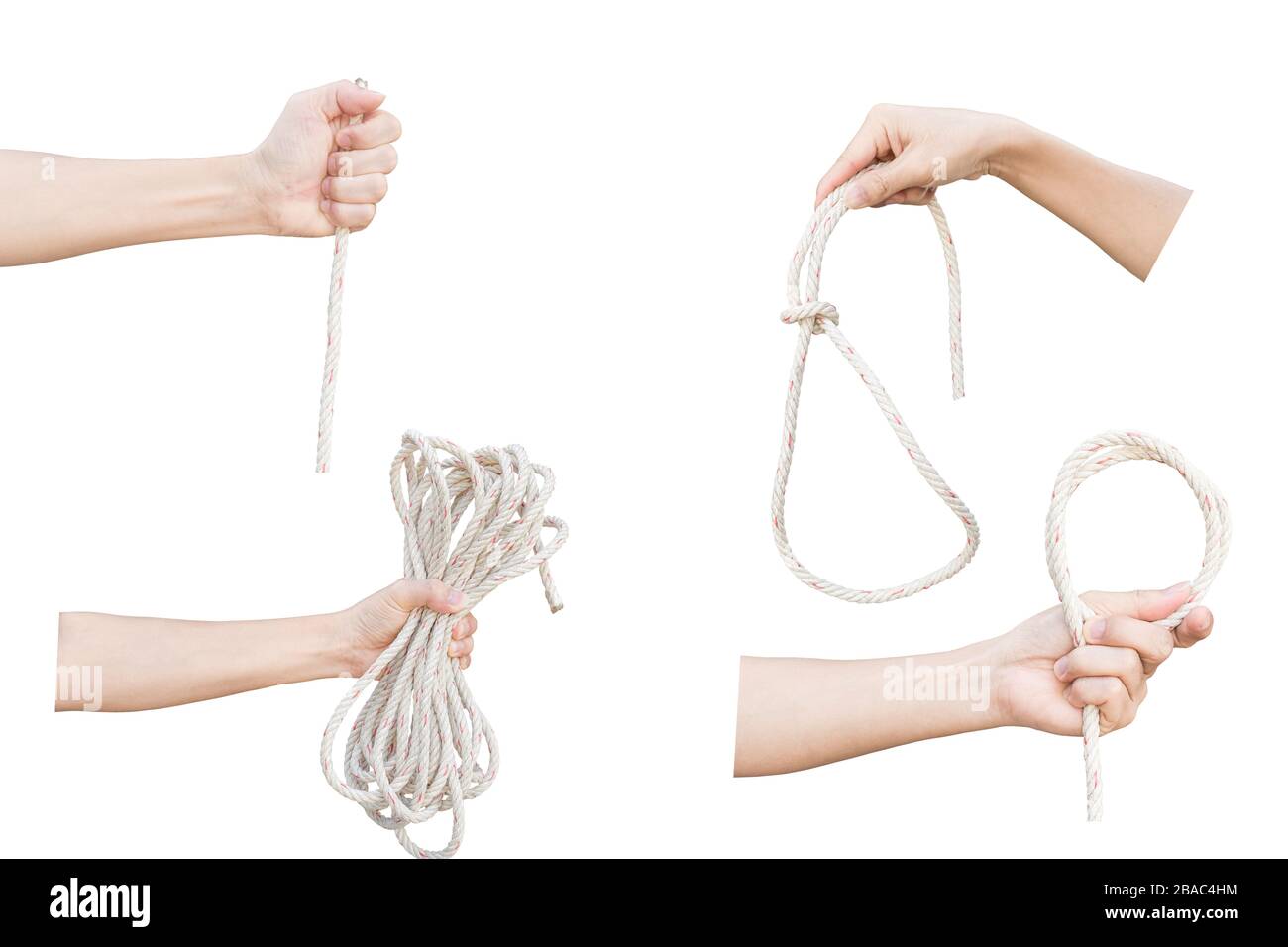 Collection of hand holding rope isolated on a white background. Object