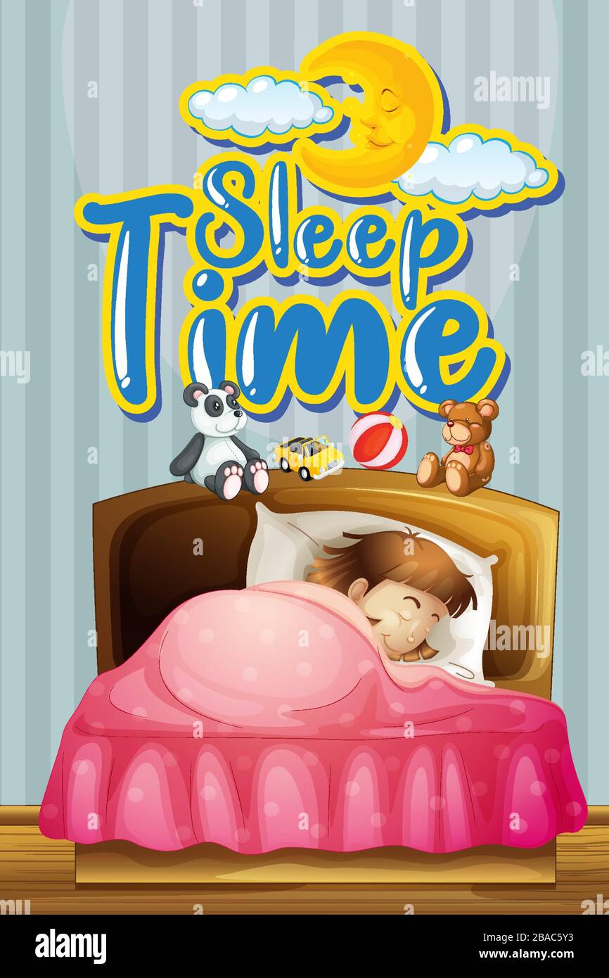 Font design for word sleep time with girl sleeping in bed illustration