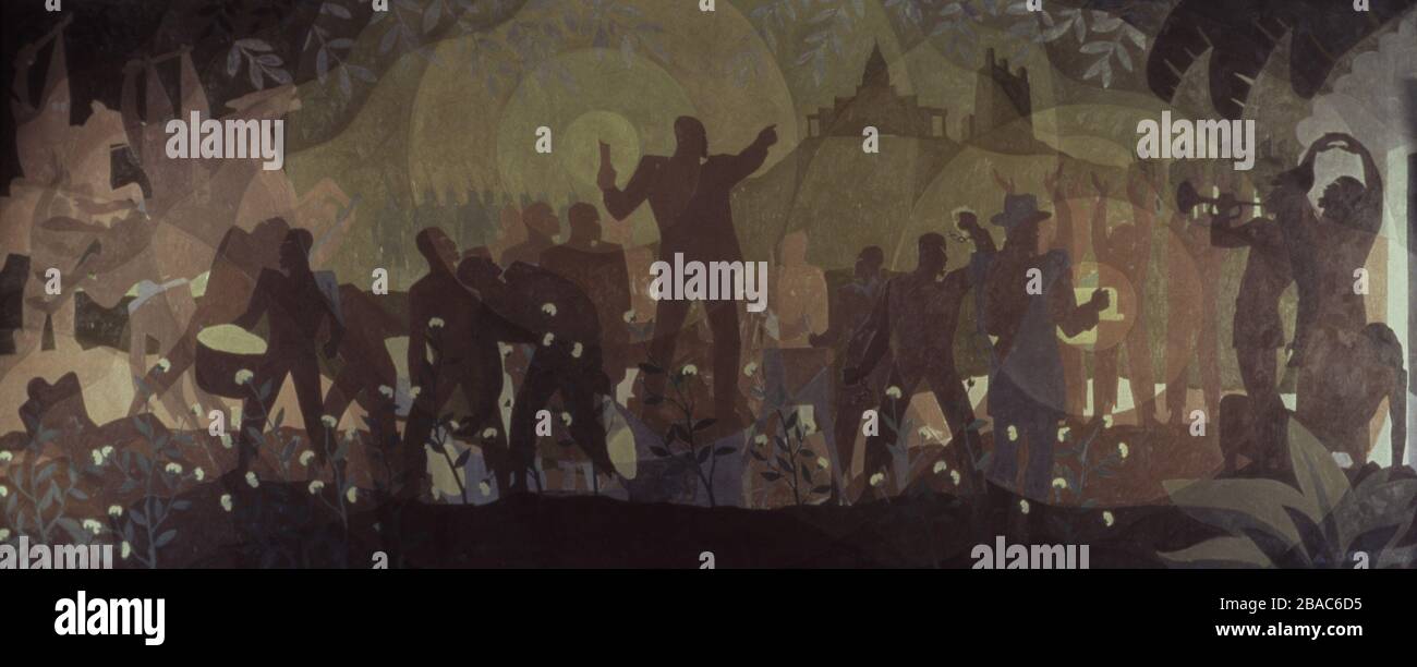 FROM SLAVERY THROUGH RECONSTRUCTION, by Aaron Douglas, 1934, African American oil painting. The central figure alludes to Emancipation and grabs the attention of the Cotton pickers, while threatening Klansmen approach from left. The four-panel series, ASPECTS OF NEGRO LIFE, was painted under the Public Works of Art Project (PWAP), for the New York Public Library's 135th Street branch, the Schomburg Center for Research in Black Culture  (BSLOC 2017 20 157) Stock Photo