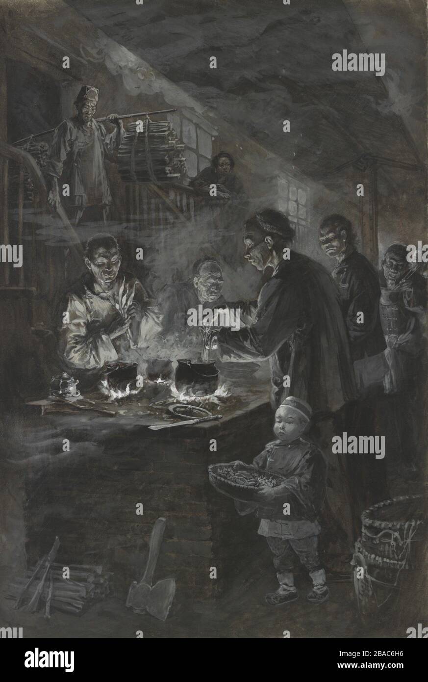 Chinese men cook in a courtyard while under quarantine during a plague epidemic in San Francisco, c. 1900. Illustration by William Allen Rogers, published in HARPER'S WEEKLY article, 'The Bubonic Plague in San Francisco'. San Francisco experience plague from 19001904 in an epidemic of centered on San Francisco's Chinatown  (BSLOC 2018 1 54) Stock Photo