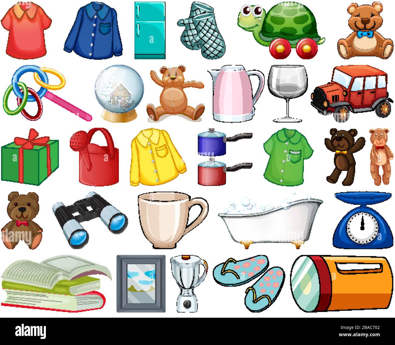 https://c8.alamy.com/comp/2BAC702/large-set-of-household-items-and-many-toys-on-white-background-illustration-2BAC702.jpg