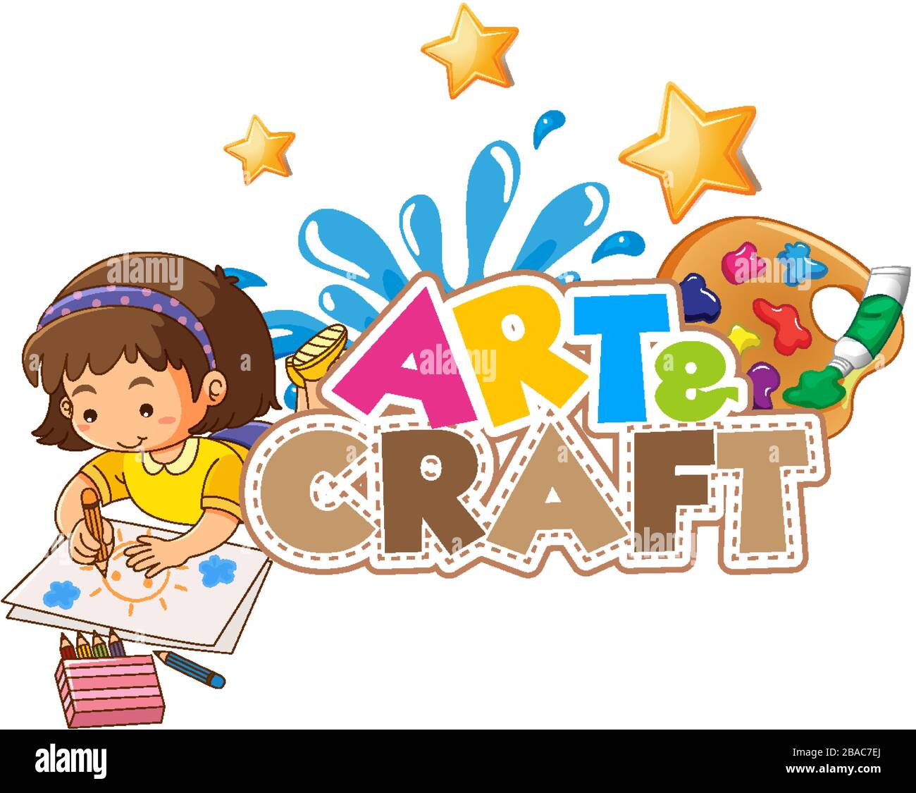 Font design for word art and craft with little girl drawing
