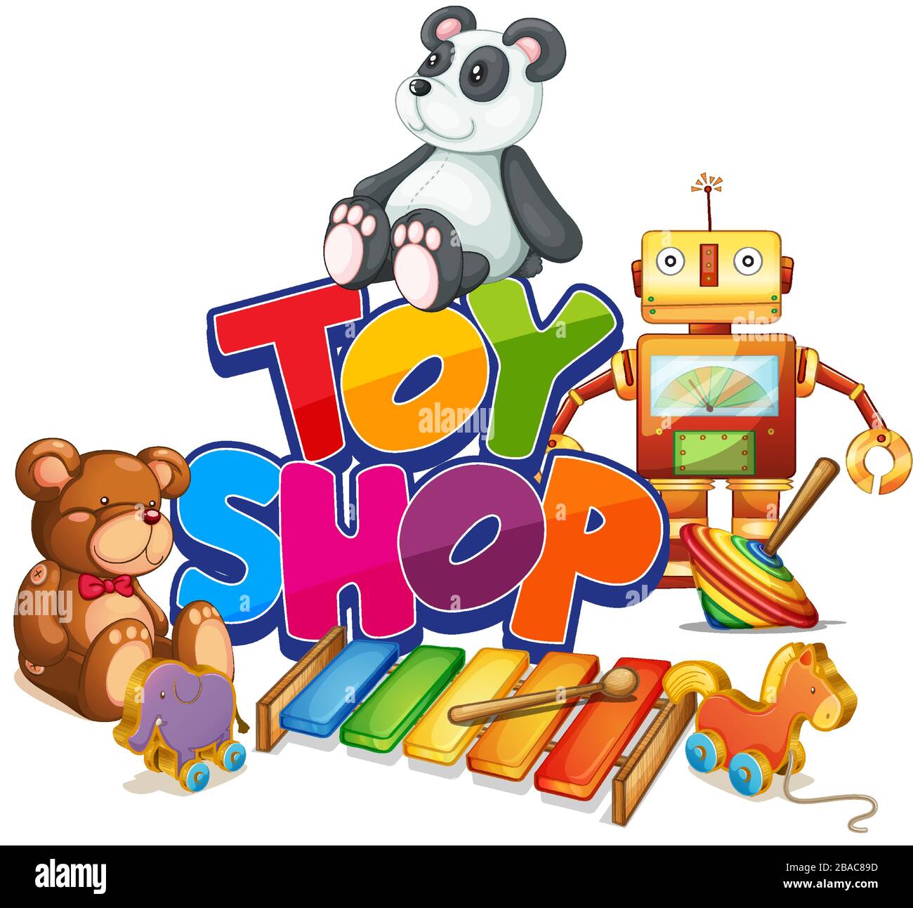 Font design for word toy shop with many toys in background illustration