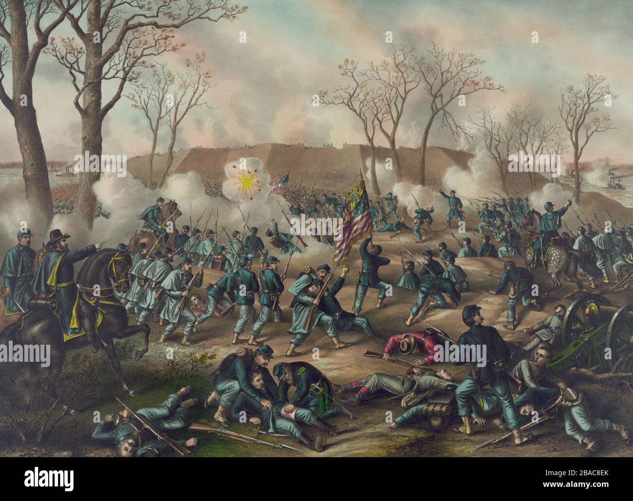 US Civil War, Battle of Fort Donelson, Tennessee, Feb. 14-16, 1862. A imaginative scene of Union troops at the climax of the battle on Feb. 15th, 1862, including equestrian portrait Union commander, Ulysses Grant  (BSLOC 2018 7 29) Stock Photo