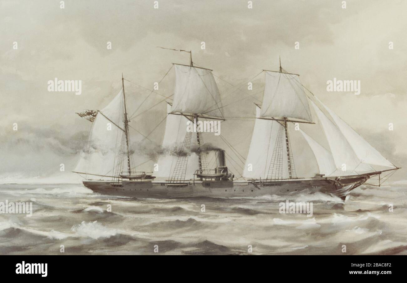 USS KEARSARGE, by Clary Ray, American painting, watercolor, c. 1890s. USS Kearsarge was the sloop-of-war that sunk the Confederate raider CSS Alabama off Cherbourg, France in 1864, during the US Civil War  (BSLOC 2018 8 56) Stock Photo