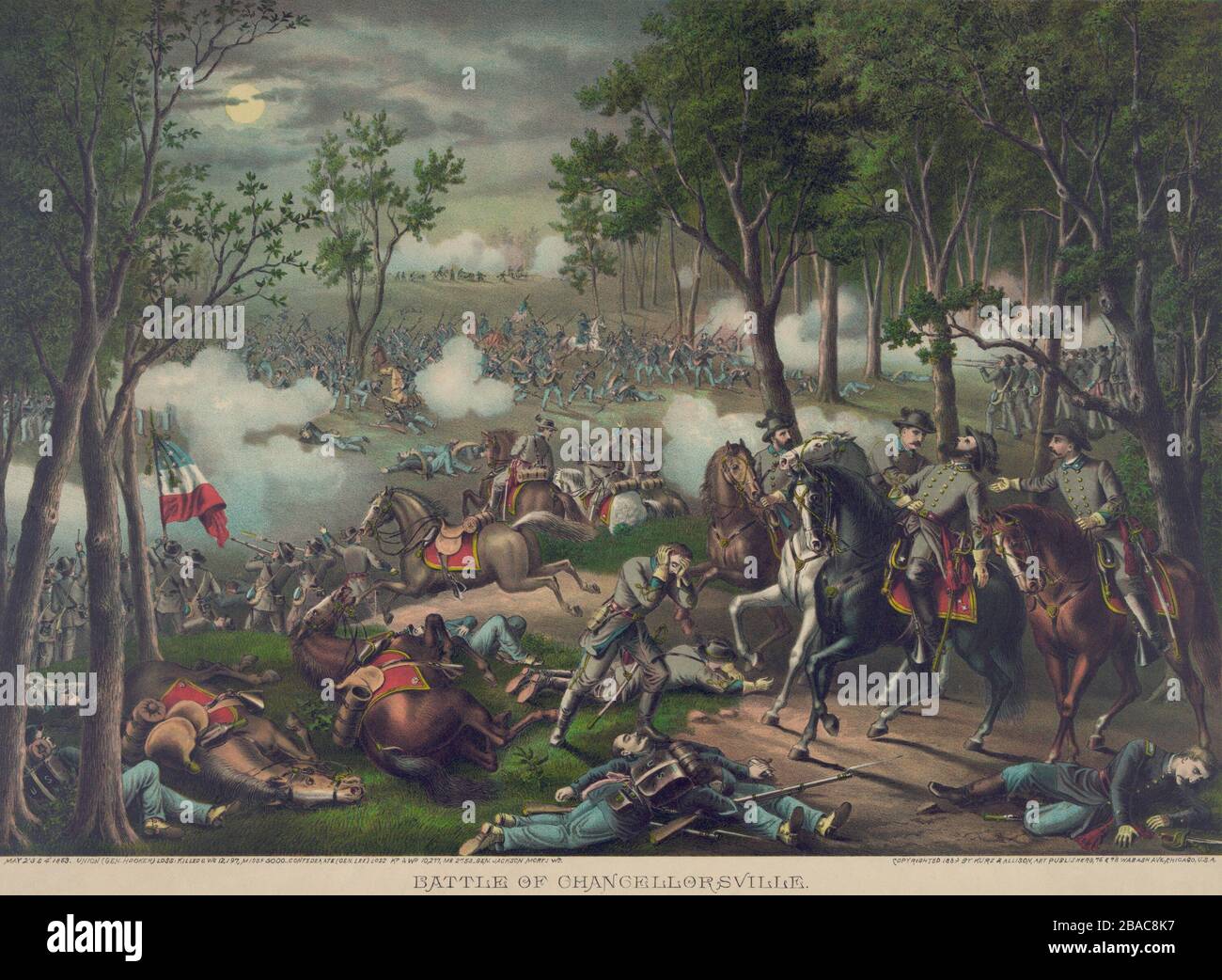 US Civil War, Battle of Chancellorsville, Virginia, April 2, 1863. Print shows two non-contemporaneous scenes from the Battle of Chancellorsville, May 2-3, 1863. The armies in combat would have occurred hours before Thomas 'Stonewall Jackson' was shot in the evening of May 2nd, when Confederate guards mistook the General's escort for a detachment of Union troops. General Jackson was wounded in the upper left arm, while riding with his staff, two of whom are shown coming to his aid, perhaps Robert E. Rodes and A.P. Hill.  (BSLOC 2018 8 129) Stock Photo