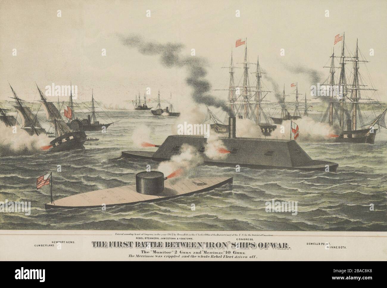 US Civil War, Battle of Hampton Roads, on March 9, 1862, the first engagement between ironclad gunboats. USS Monitor and CSS Virginia (formerly the USS Merrimac) are engaged in combat, with other ships nearby. At left is the USS Cumberland, sinking, an event that took place on March 8th, the day previous to the ironclad battle at center. The USS Minnesota at far right, was engaged in the ironclad battle of March 9th  (BSLOC_2018_8_19) Stock Photo