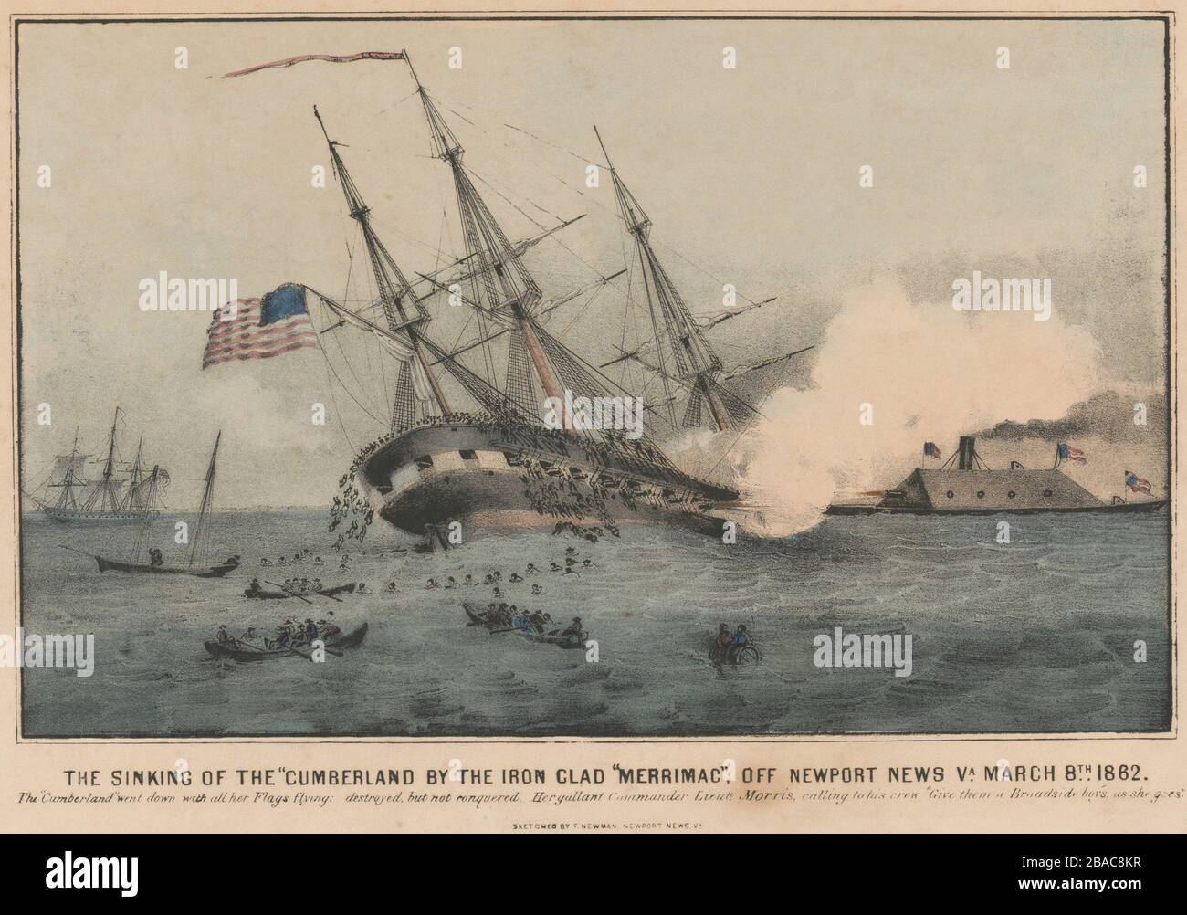 US Civil War, Battle of Hampton Roads, March 8, 1862, when the CSS Virginia attacked five Union ships. Her first kill was the USS Cumberland, which was rammed below the waterline and sank quickly with 121 seamen. Next she attacked the USS Congress, killing 120 sailors. Three other Union ships ran aground to escape shelling. In all, 400 Union men were killed, 2 ships lost, 3 disabled. March 8 was the US Navy's worst day until the World War 2 attack on Pearl Harbor  (BSLOC_2018_8_27) Stock Photo