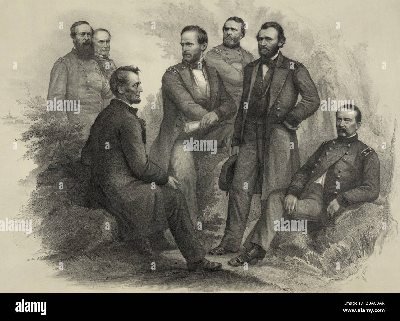US Civil War. Imagined scene of President Abraham Lincoln sitting on a rock talking with his victorious commanders. From left: Adm. David Porter, Adm. David Farragut, President Abraham Lincoln, Gen. William Sherman, Gen. George Thomas, Gen. Ulysses Grant, and Gen. Philip Sheridan (BSLOC_2018_10_55) Stock Photo