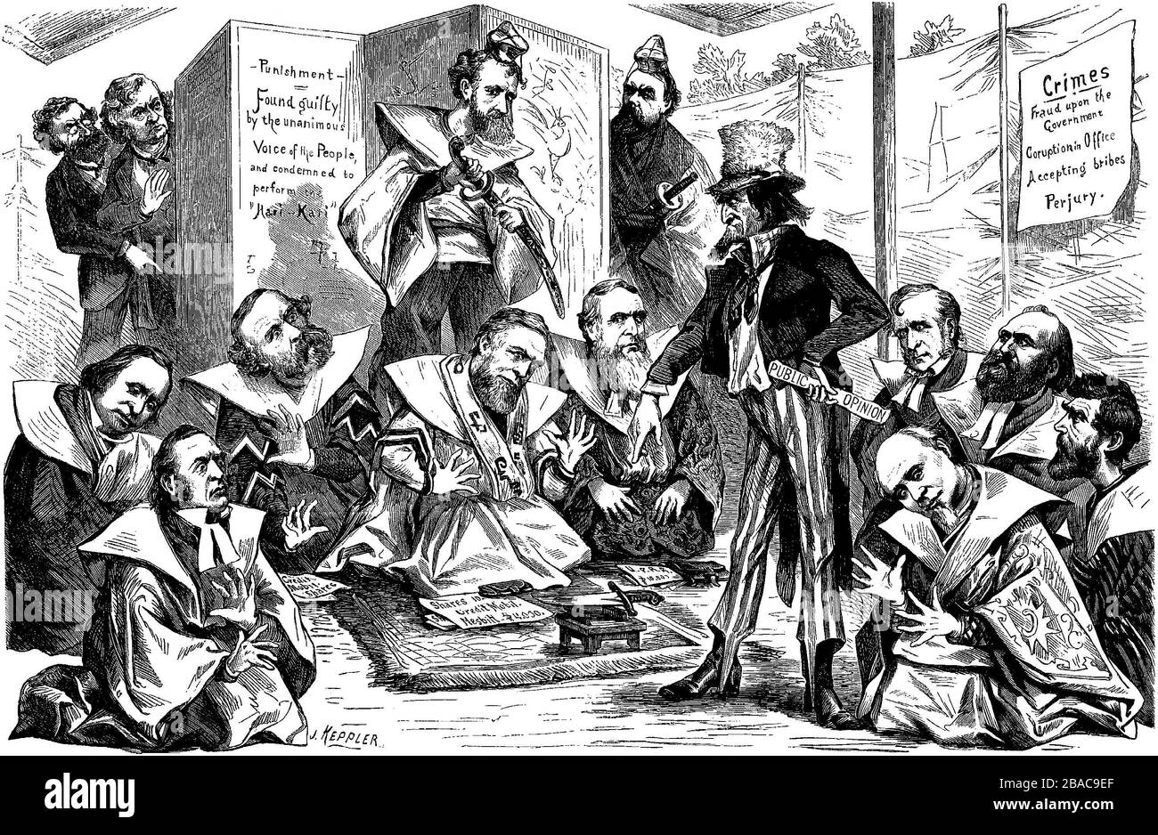 Austrian born, American cartoonist, Joseph Keppler, depicts government culprits of the Credit Mobilier scandal, as samurai receiving instruction in ritual suicide, hara-kiri. Uncle Sam and New York Republican boss Roscoe Conkling preside, as President Grant, Carl Schurz, and Charles Sumner observe from behind a screen. 1873  (BSLOC 2018 10 144) Stock Photo