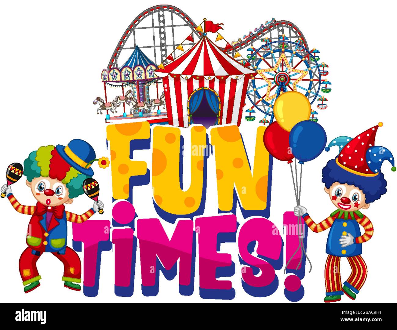 Font design for word fun times with clowns in circus on white ...