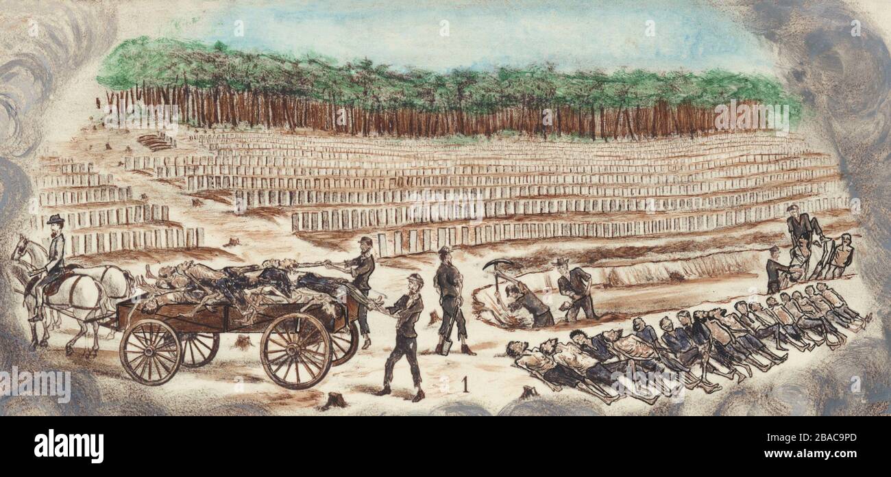 Andersonville Prison. Prisoners work on a burial detail in the