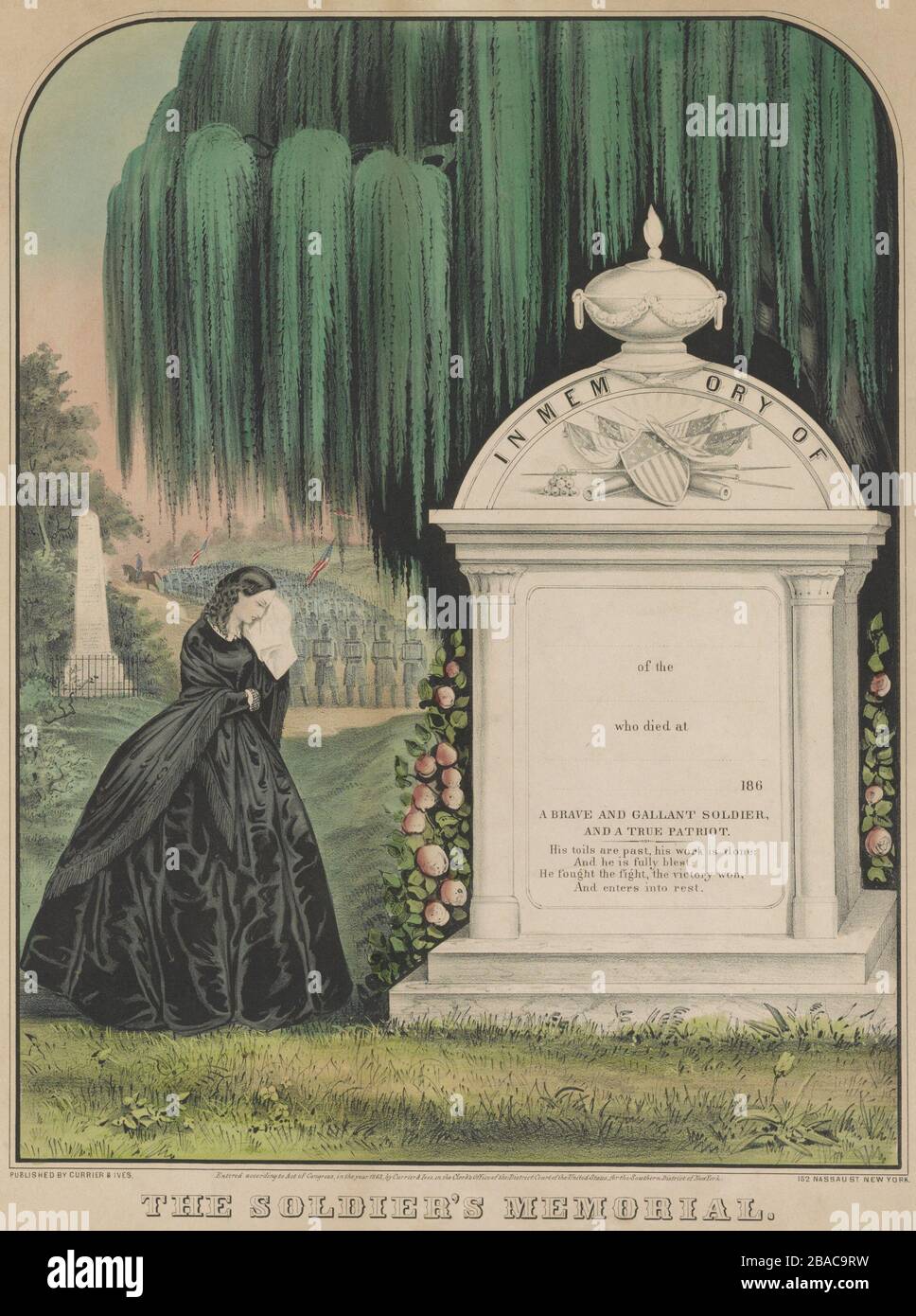 US Civil War memorial print depicting a young women mourning at tomb of Civil War soldier. The print has blank lines for the soldier name, place and date of death, above a tribute to 'A Brave and Gallant Soldier, and a True Patriot'. Soldiers in formation with American flags are in the background  (BSLOC 2019 2 72) Stock Photo