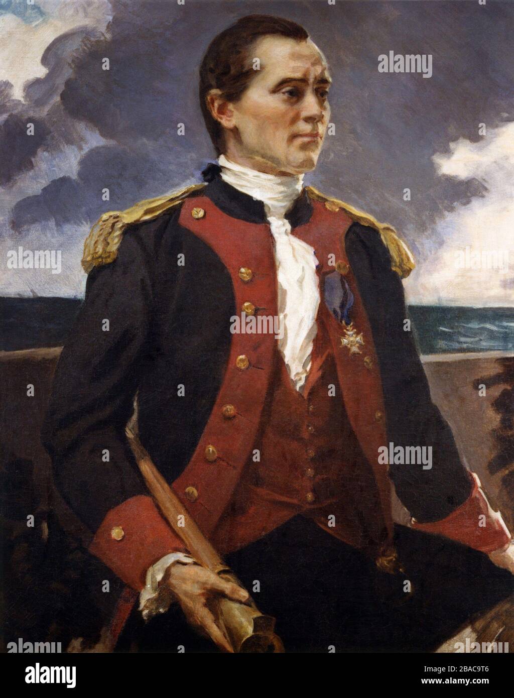 Captain John Paul Jones, Continential Navy, in painting by Cecilia Beaux, 1906. He served in the American navy from December 1775 until 1783, mostly raiding British merchant ships. His most famous battle was between the British ship, Serapis, captained by Captain Richard Pearson, and Jones' French built ship, Bonhomme Richard, on Sept. 23, 1779  (BSLOC_2019_3_160) Stock Photo