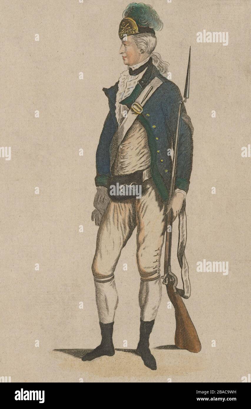 American Revolution. Figures and uniform of a rifleman in the American ...