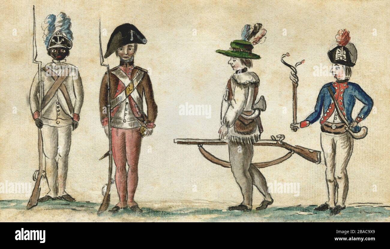 American Revolution. Watercolor by French soldier, Jean Baptiste Antoine de  Verger, of four Continental Army soldiers at the siege of Yorktown,  Virginia, in 1781. From left to right: African American of the