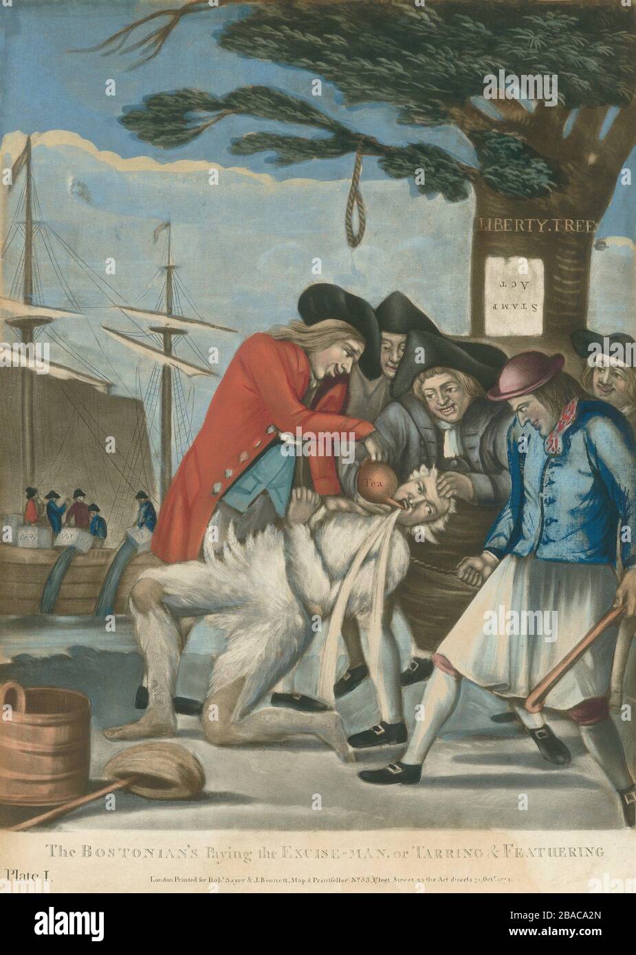 'The Bostonian's Paying the Excise-man, or Tarring & Feathering.' British 1774 print depicts the Sons of liberty as violent bullies, attacking a loyalist customs collector, John Malcolm, Jan. 27, 1774. Malcolm's assailants forced him to drink enormous quantities of hot tea, under a Liberty Tree with a noose hanging from a branch. In the background, men are throwing tea from ships into water, as was done at the Boston Tea Party  (BSLOC 2019 3 57) Stock Photo