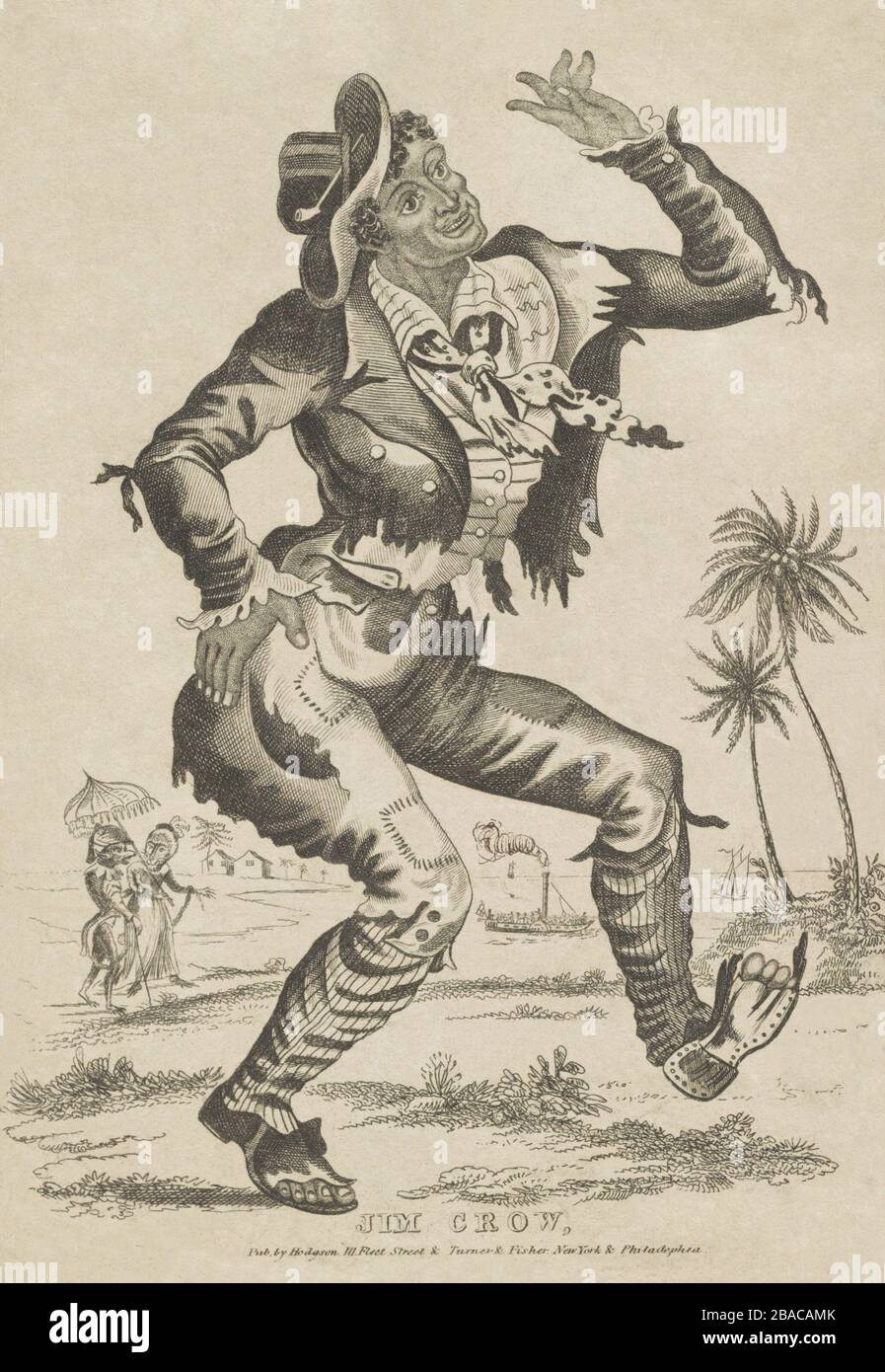 African American identified as Jim Crow, the dancing character of Thomas D. Rice. He wears tattered clothes, is doing a dancing walk. In the background a couple of animals dressed as humans, walk on their hind legs along a river with a steamboat and sailboat  (BSLOC 2019 6 33) Stock Photo