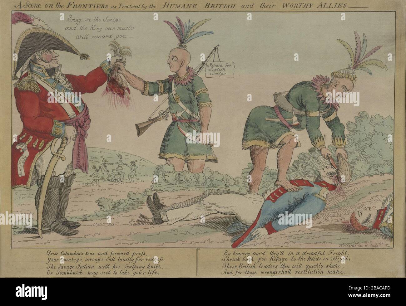 War of 1812. Cartoon denounces British and Indian war crimes, specifically, the British practice of offering bounties for American scalps. The British officer says, 'Bring me the Scalps and the King our War of 1812. Cartoon denounces British and Indian war crimes, specifically, the British practice of offering bounties for American scalps. The British officer says, 'Bring me the Scalps and the King our