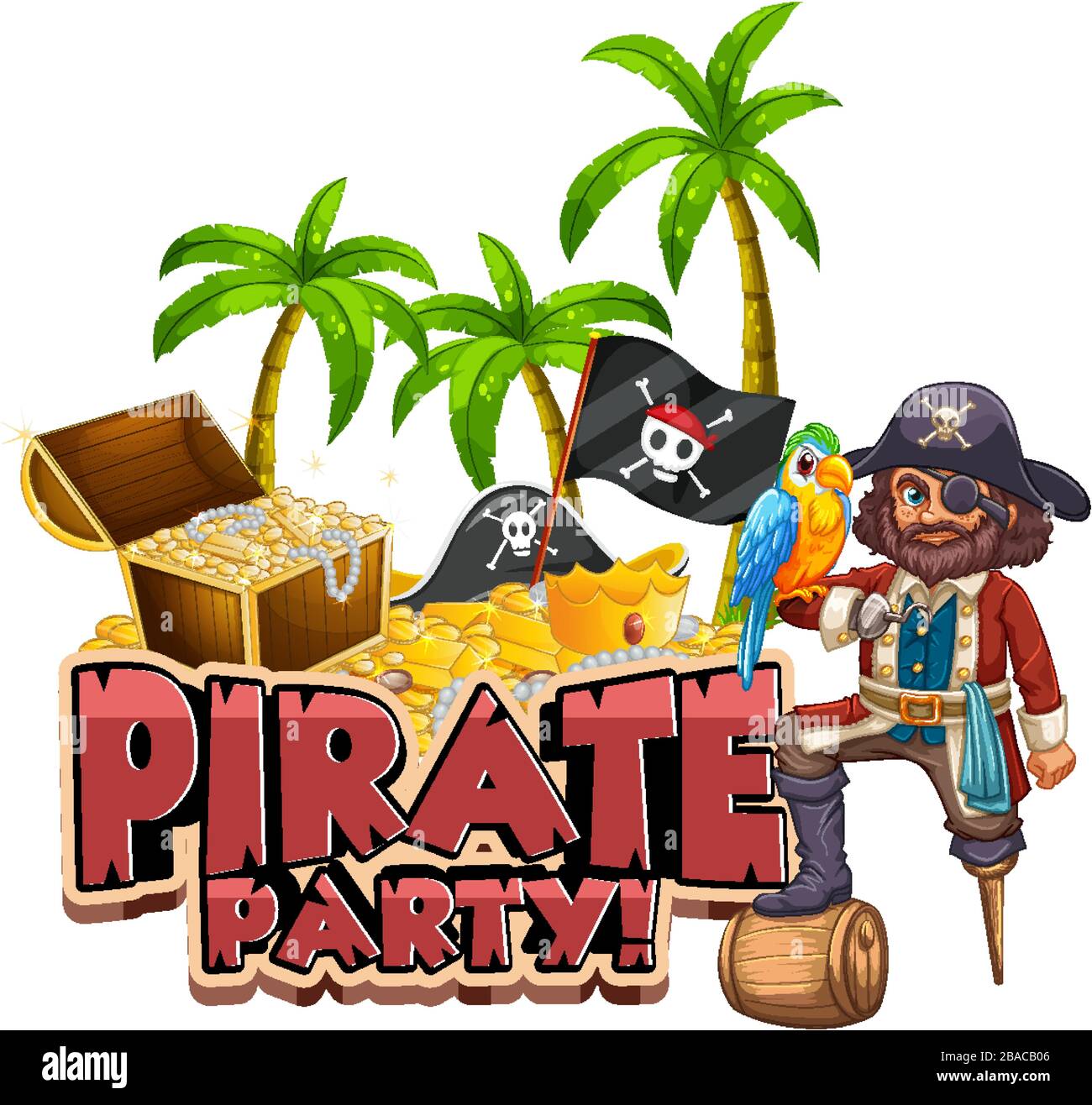 Font design for word pirate party with pirate and treasure hunt illustration Stock Vector Image
