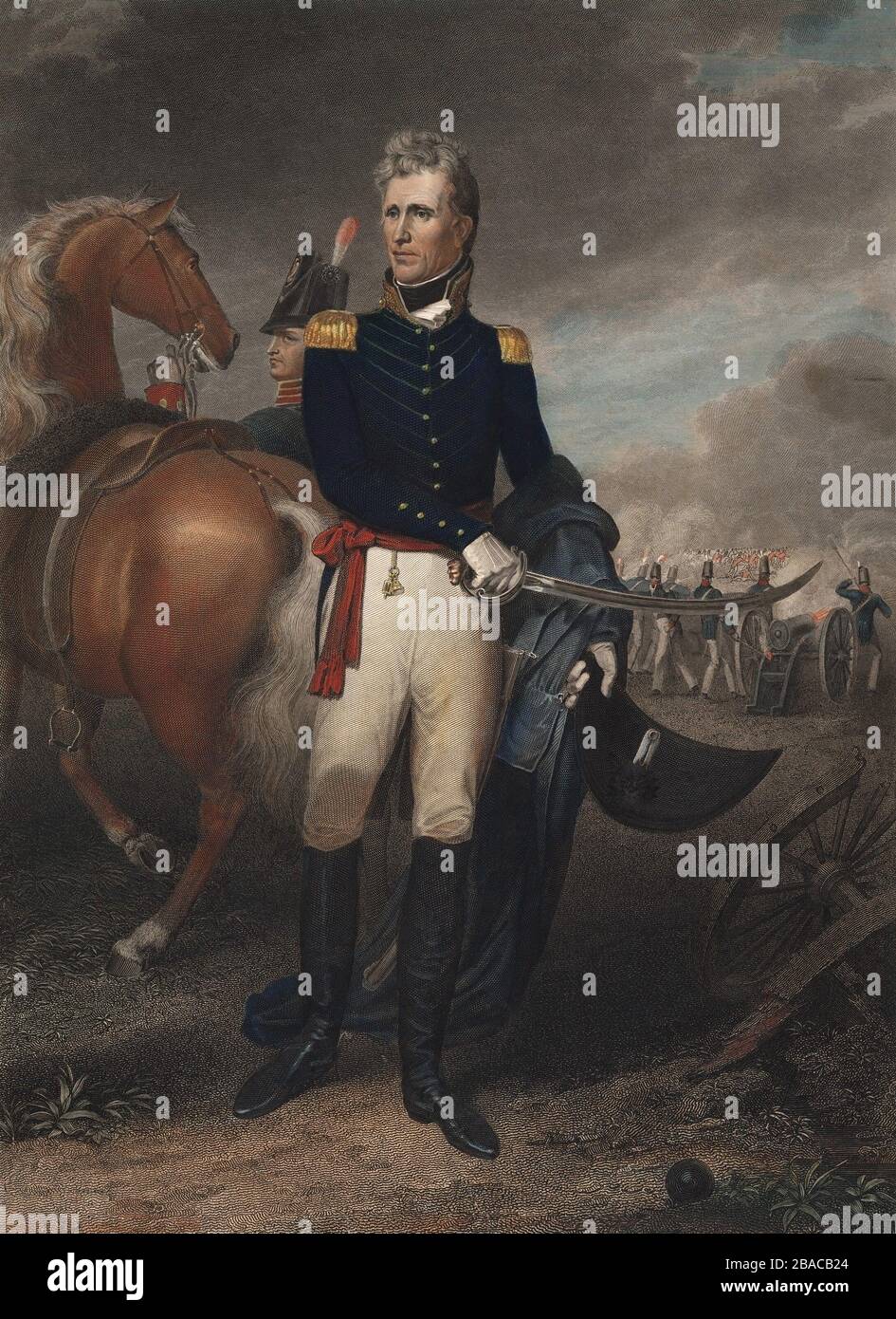 General Andrew Jackson, as the hero of New Orleans. He fought in the War of 1812 and the Indian Wars in the American Southeast. Hand colored engraving by Asher B. Durand, after a 1819 painting by John Vanderlyn  (BSLOC 2019 6 130) Stock Photo