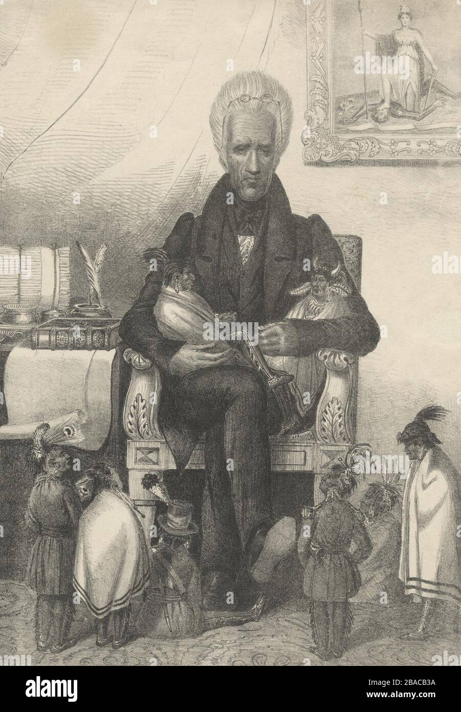 Andrew Jackson as the Great Father', sits in an armchair, holding two diminutive Native Americans on his lap, with others nearby at his feet. The 1835 cartoon satirizes Jackson's belief that the Andrew Jackson as the Great Father', sits in an armchair, holding two diminutive Native Americans on his lap, with others nearby at his feet. The 1835 cartoon satirizes Jackson's belief that the
