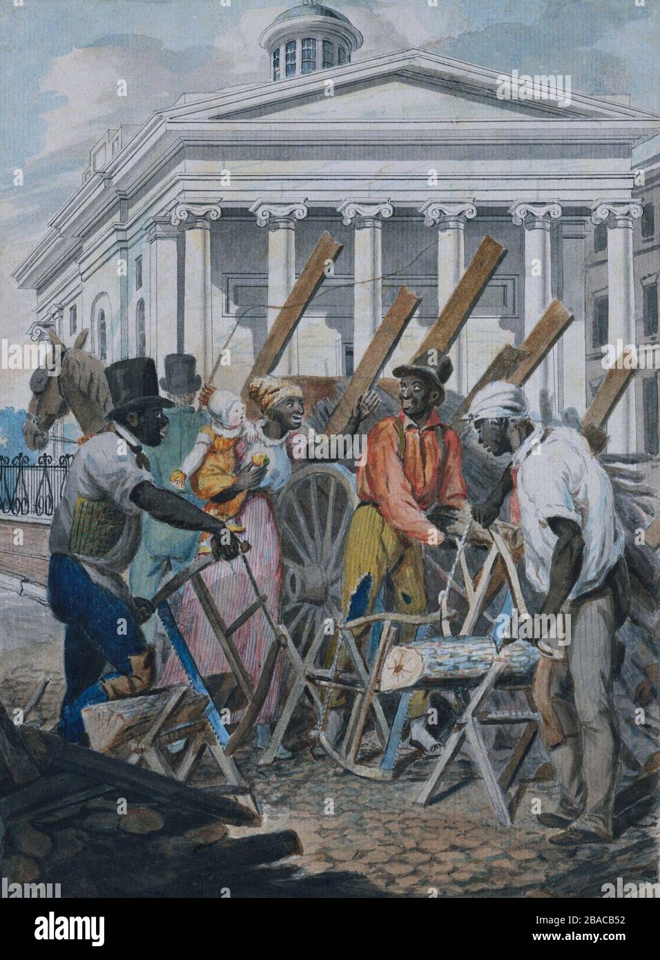 'Black sawyers working in front of the Bank of Pennsylvania, Philadelphia', by John Lewis Krimmel, 1811-13. They are cutting firewood, which heated the cities homes and stoves. Among them is an African American women holding a white child in her charge  (BSLOC 2019 7 205) Stock Photo