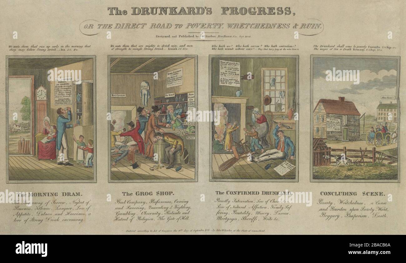 'The Drunkard's Progress, or the Direct Road to Poverty, Wretchedness & Ruin', 1826. Four captioned images illustrate a man's and his family's ruin due to his addiction to 'Strong Drink'. It starts with the morning dram, progresses to the grog shop, until he is drunk at his disorderly home, and finally, evicted and heading for the alms house  (BSLOC 2019 7 208) Stock Photo