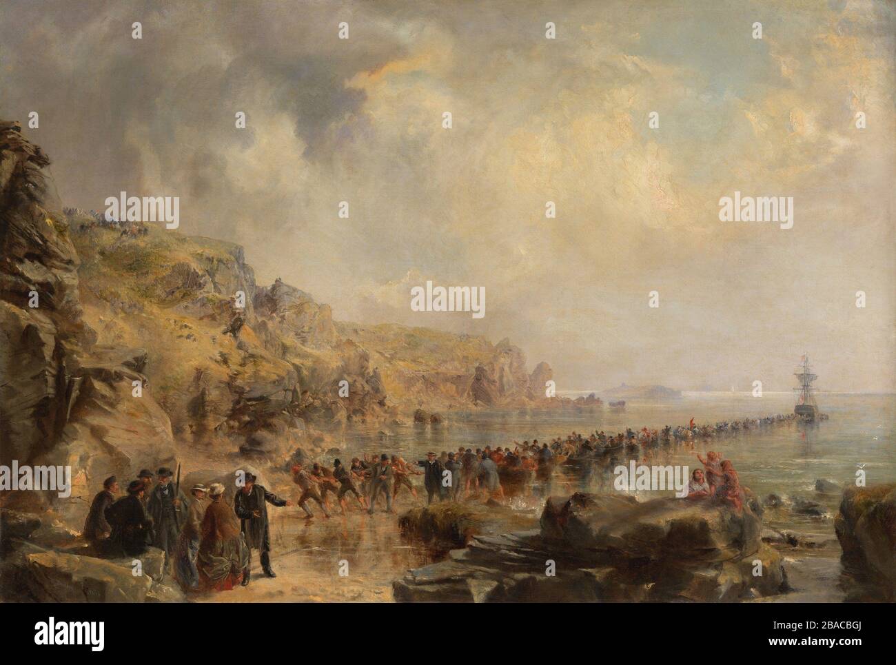 'Landing the Shore End of the Atlantic Cable', oil on canvas painting by British artist, Robert Charles Dudley. A long line of men pull the end of the cable ashore at Heart's Content, Newfoundland, Sept. 1866  (BSLOC 2019 8 155) Stock Photo