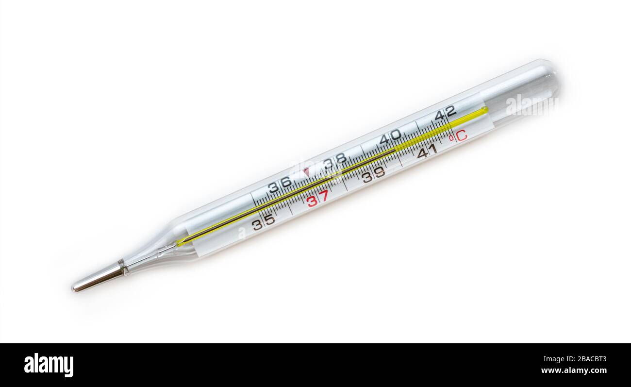 Mercury Classic Body Thermometer, indicating a temperature of 40 degrees celsius Stock Photo