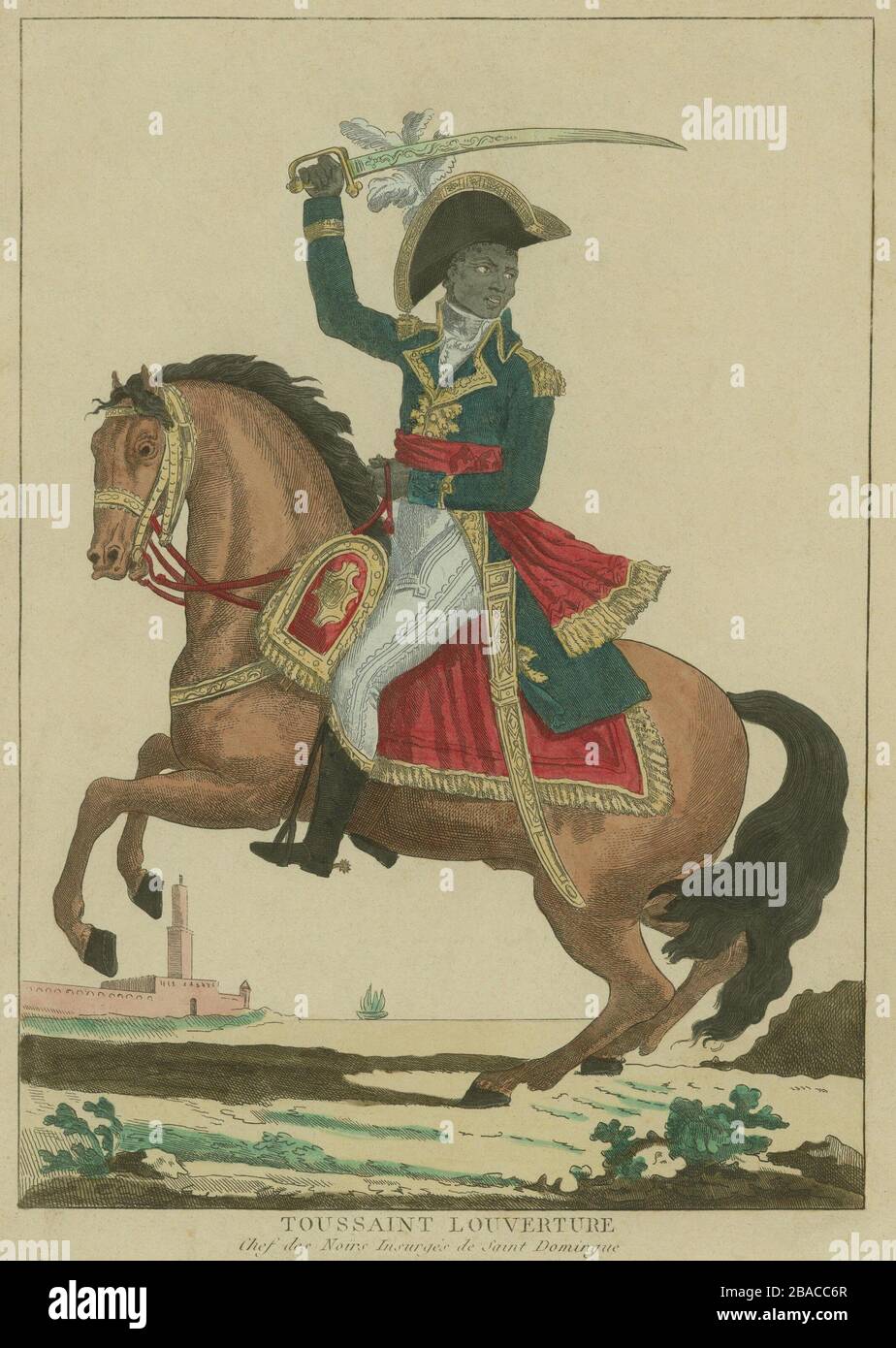 Toussaint Louverture on horseback, ca. 1800. He led insurgent Africans slaves against Spanish and French rulers. As Haiti's leader he entered into a French protectorate in 1801, but was betrayed and died in a French prison in 1803. This print was published in France part of a series of portraits of generals of the French Revolution.  (BSLOC 2020 1 219) Stock Photo