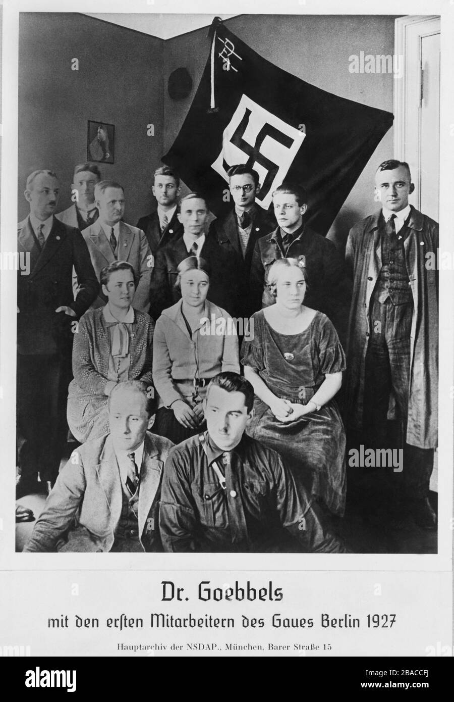 Dr. Joseph Goebbels with the first co-workers of the Berlin administrative district of the Nazi Party in 1927  (BSLOC_2020_2_160) Stock Photo