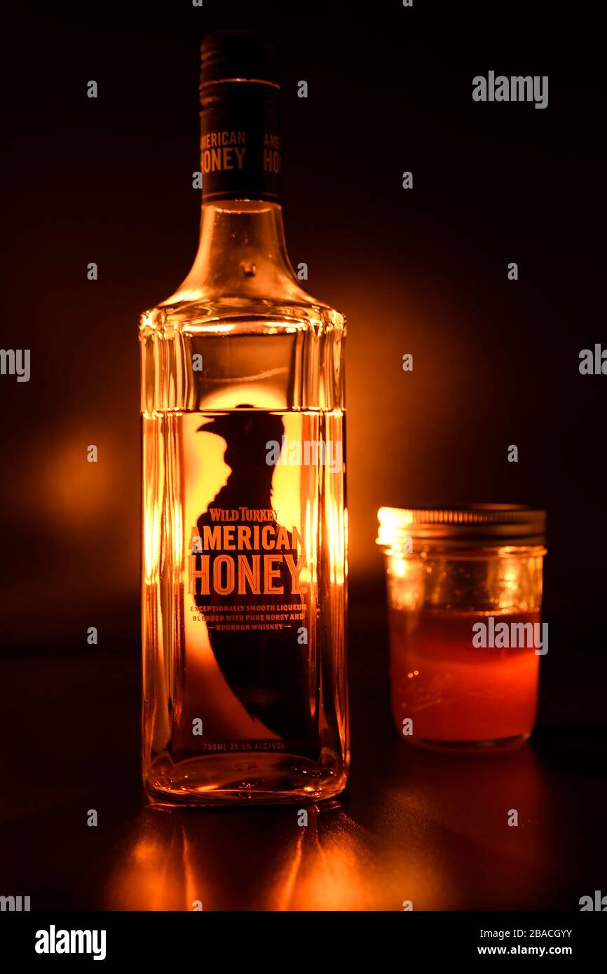 studio shot of Wild Turkey American Honey bottle, glass jar of honey prop, warm back lighting