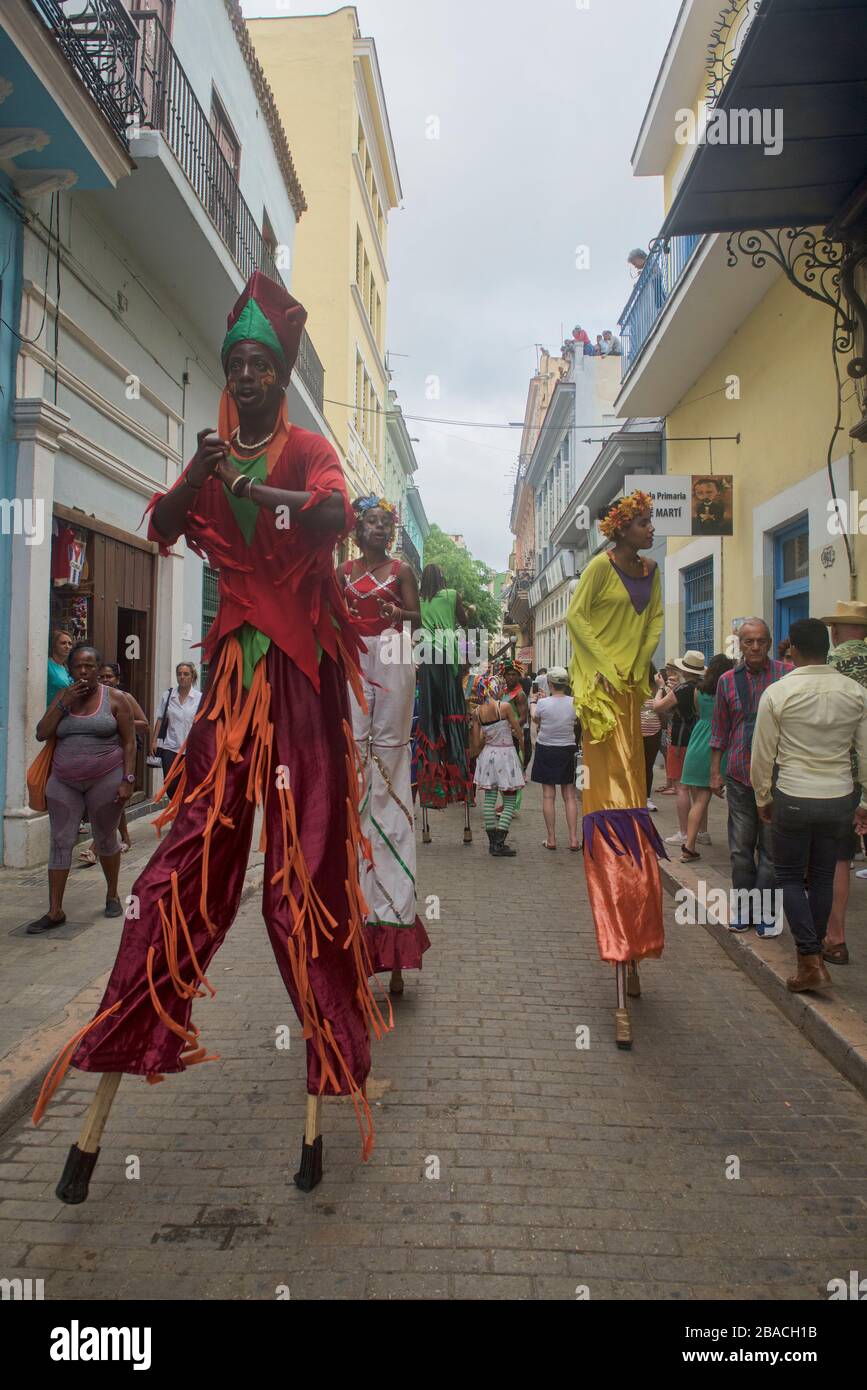 Performers on stilts for Carnaval celebration, Old Havana, Cuba Stock Photo