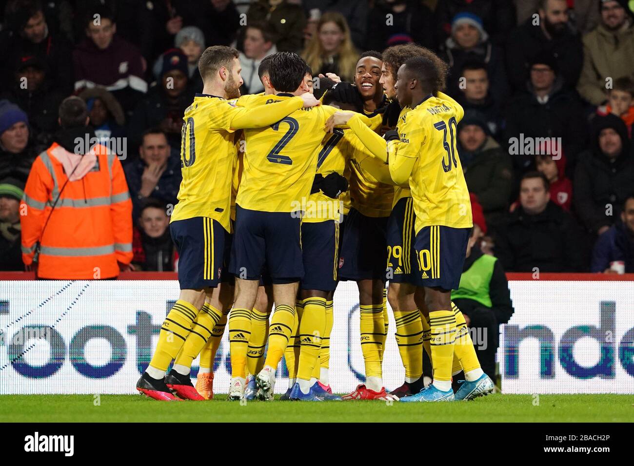 Arsenal's Bukayo Saka celebrates scoring his sides first goal of the game with teammates Stock Photo