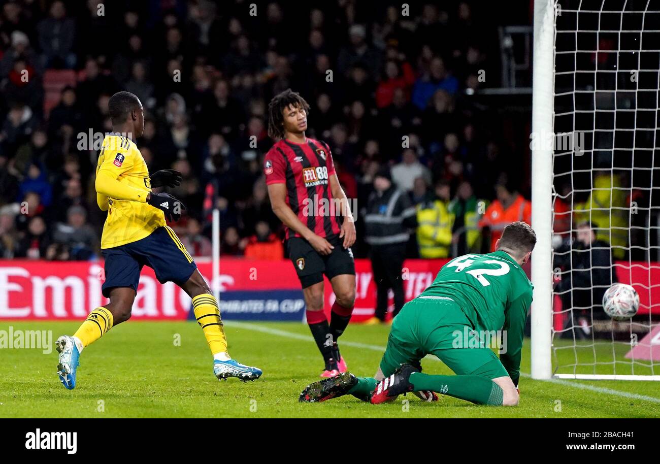 Arsenal's Eddie Nketiah scores his side's second goal of the game Stock Photo